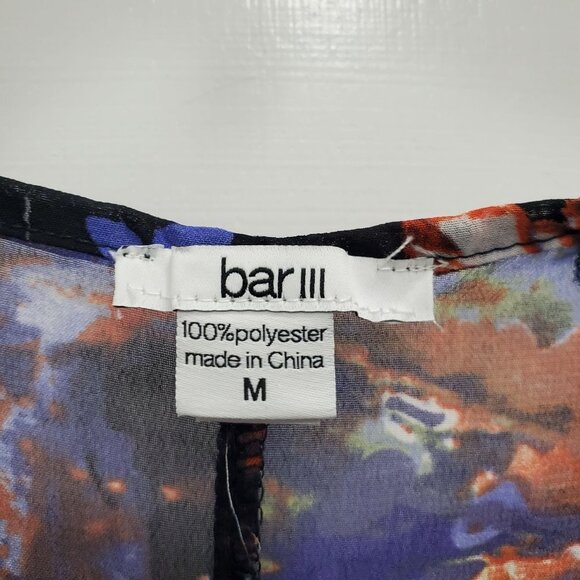 Bar III Women's Blue Multi Abstract Cold Shoulder Sheer Asymmetrical Hem Top M - Picture 4 of 5